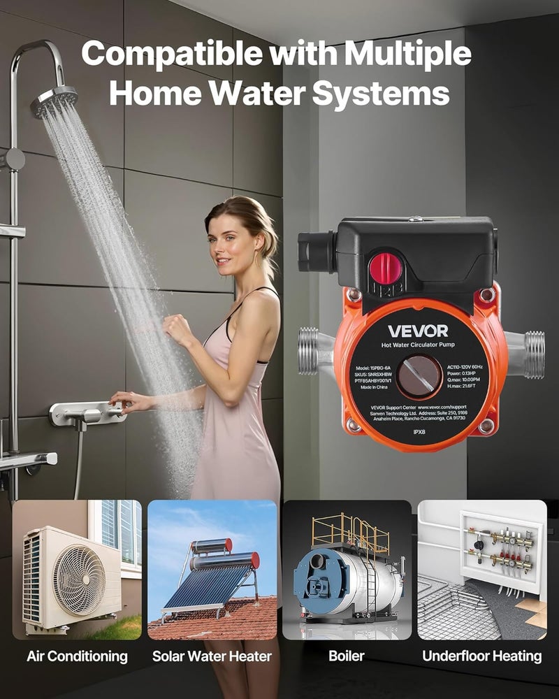 VEVOR مضخة إعادة تدوير المياه الساخنة، 10 جالون في الدقيقة، نظام مضخة تدوير فوري، تحكم بسرعة 3، 0.13 حصان، 110-120 فولت، محول NPT 3/4 بوصة إلى NPT 1/2 بوصة، رأس من الفولاذ المقاوم للصدأ، لمدافئ المياه - Image 4